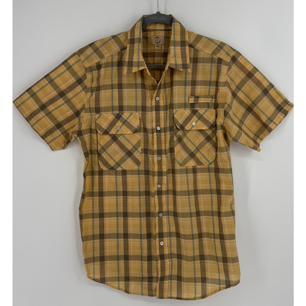 Haband Travelers Mens Yellow Plaid Short Sleeve Button Down Utility‎ Shirt 15G M